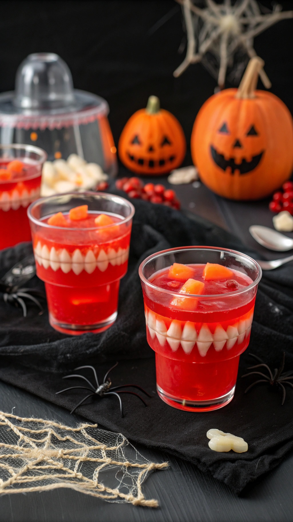 Vampire Blood Orange Jello Cups with fangs, surrounded by Halloween decorations.