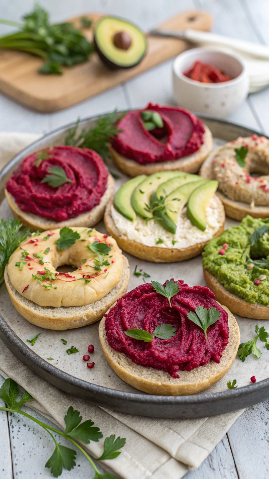 A platter of vegan bagels topped with various colorful spreads and garnished with fresh herbs.