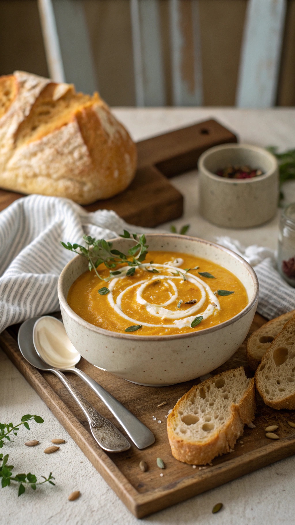 A bowl of vegan butternut squash soup garnished with coconut milk and herbs, served with slices of bread.