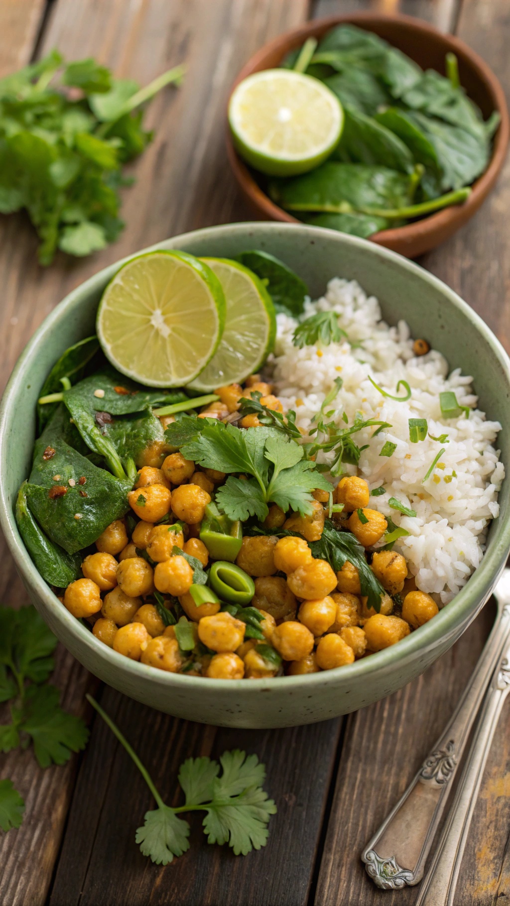 A vibrant vegan chickpea and spinach rice bowl with lime wedges and fresh herbs.