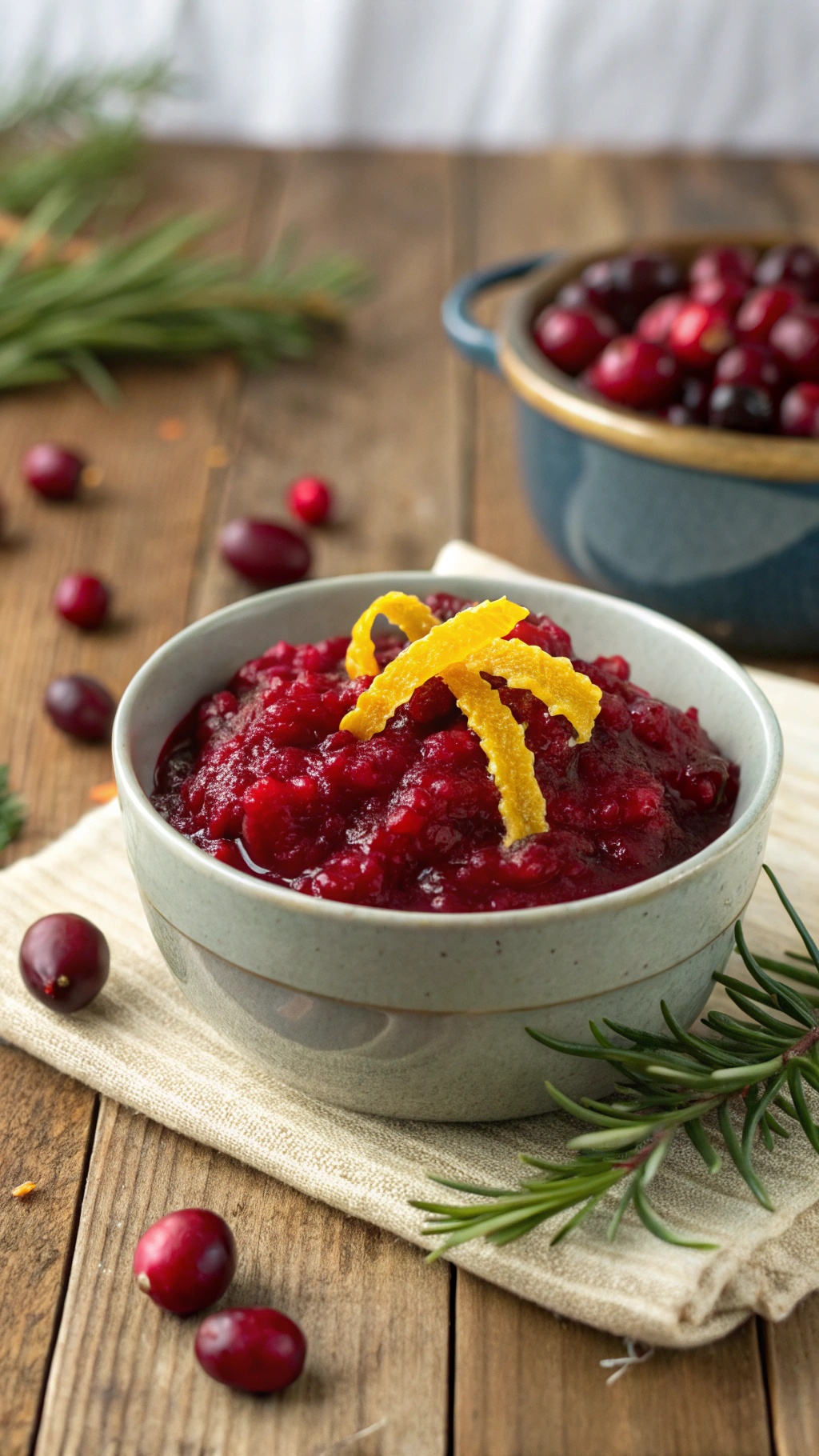 A bowl of vegan cranberry sauce topped with orange zest, surrounded by fresh cranberries and rosemary on a wooden table.