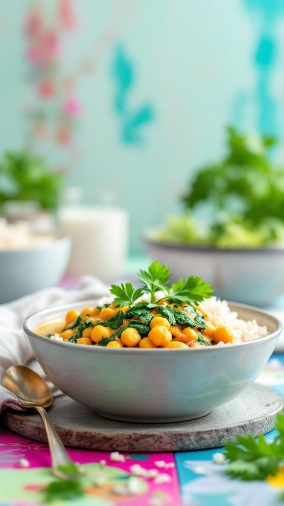 A bowl of vegan chickpea curry served with rice, garnished with fresh cilantro.