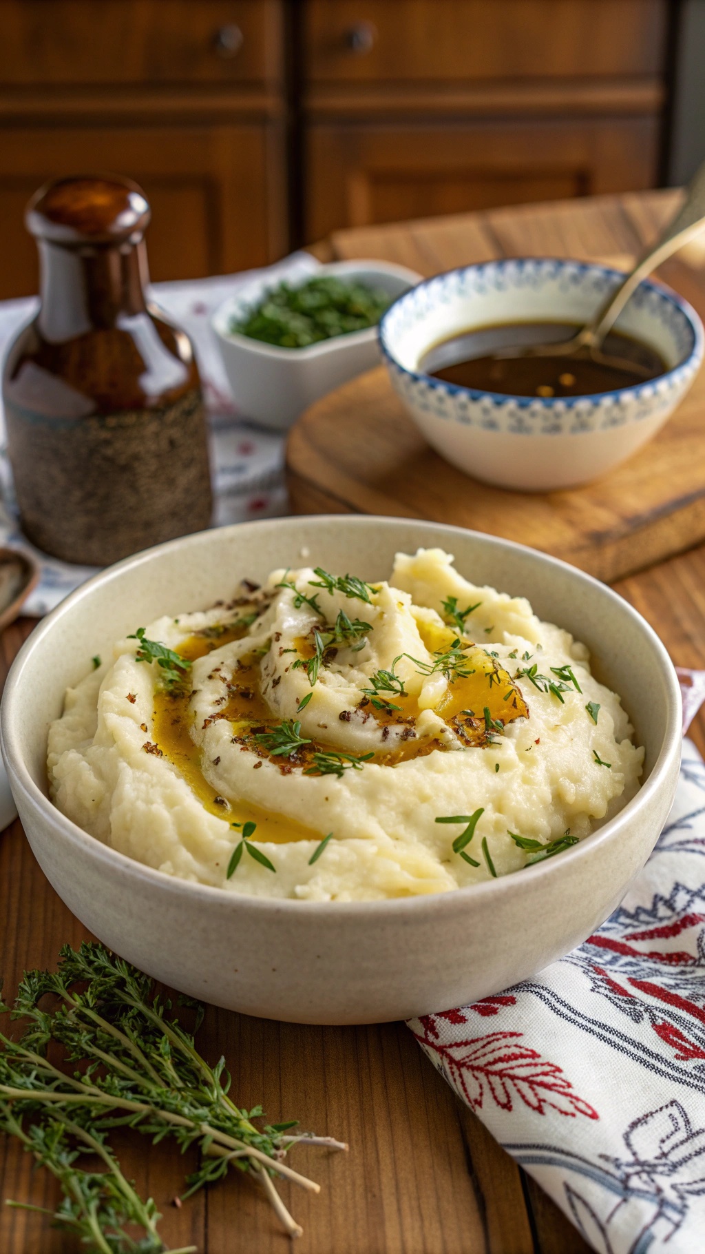 A bowl of vegan mashed potatoes topped with olive oil and herbs, with garlic and broth in the background.