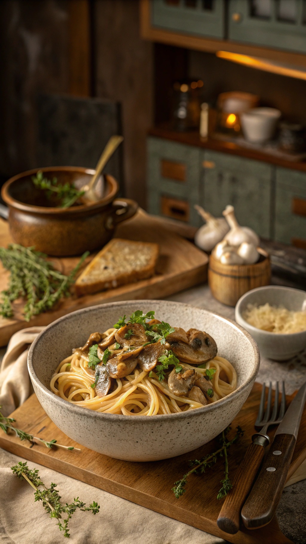 A bowl of vegan mushroom stroganoff spaghetti garnished with fresh herbs, served with a side of bread.