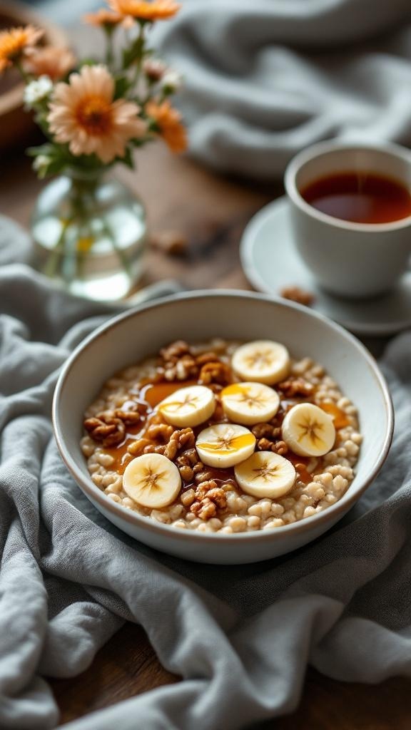 A bowl of oatmeal topped with banana slices, walnuts, and syrup, with a cup of tea and flowers in the background.