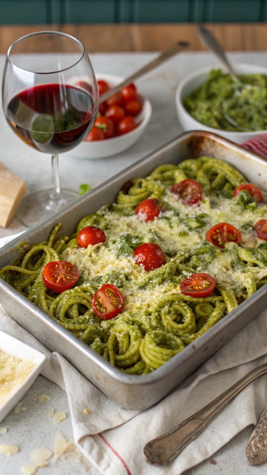 Vegan Pesto and Tomato Pasta Bake with cherry tomatoes and a glass of red wine