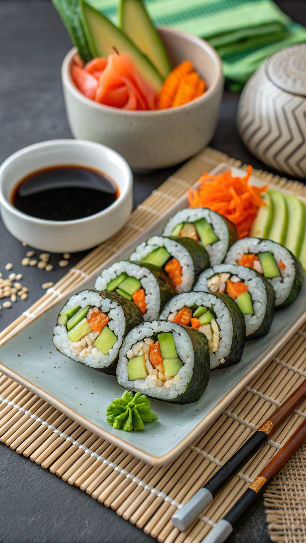 A plate of vegan sushi rolls with cucumber, carrot, and avocado, served with soy sauce and pickled ginger.