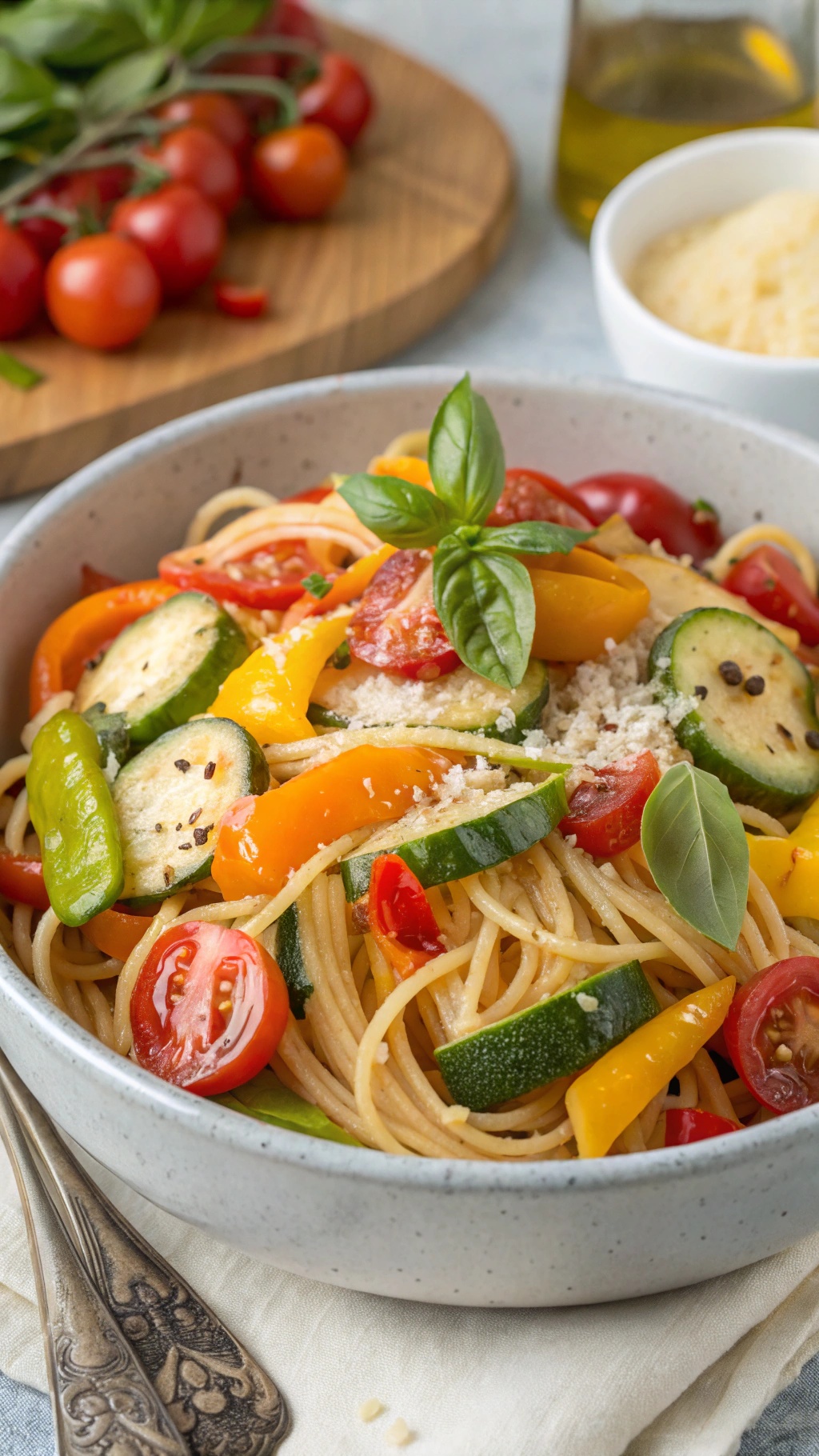 A bowl of vegetable-loaded spaghetti primavera with colorful bell peppers, zucchini, and cherry tomatoes, garnished with fresh basil.