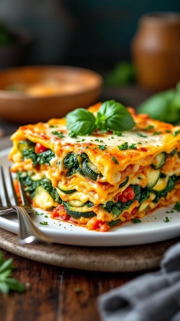 A delicious slice of vegetable-packed lasagna with layers of spinach, zucchini, and cheese.