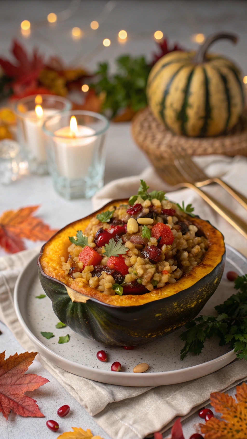 A beautifully presented vegetable-stuffed acorn squash filled with quinoa, apples, and cranberries, surrounded by autumn leaves and candles.