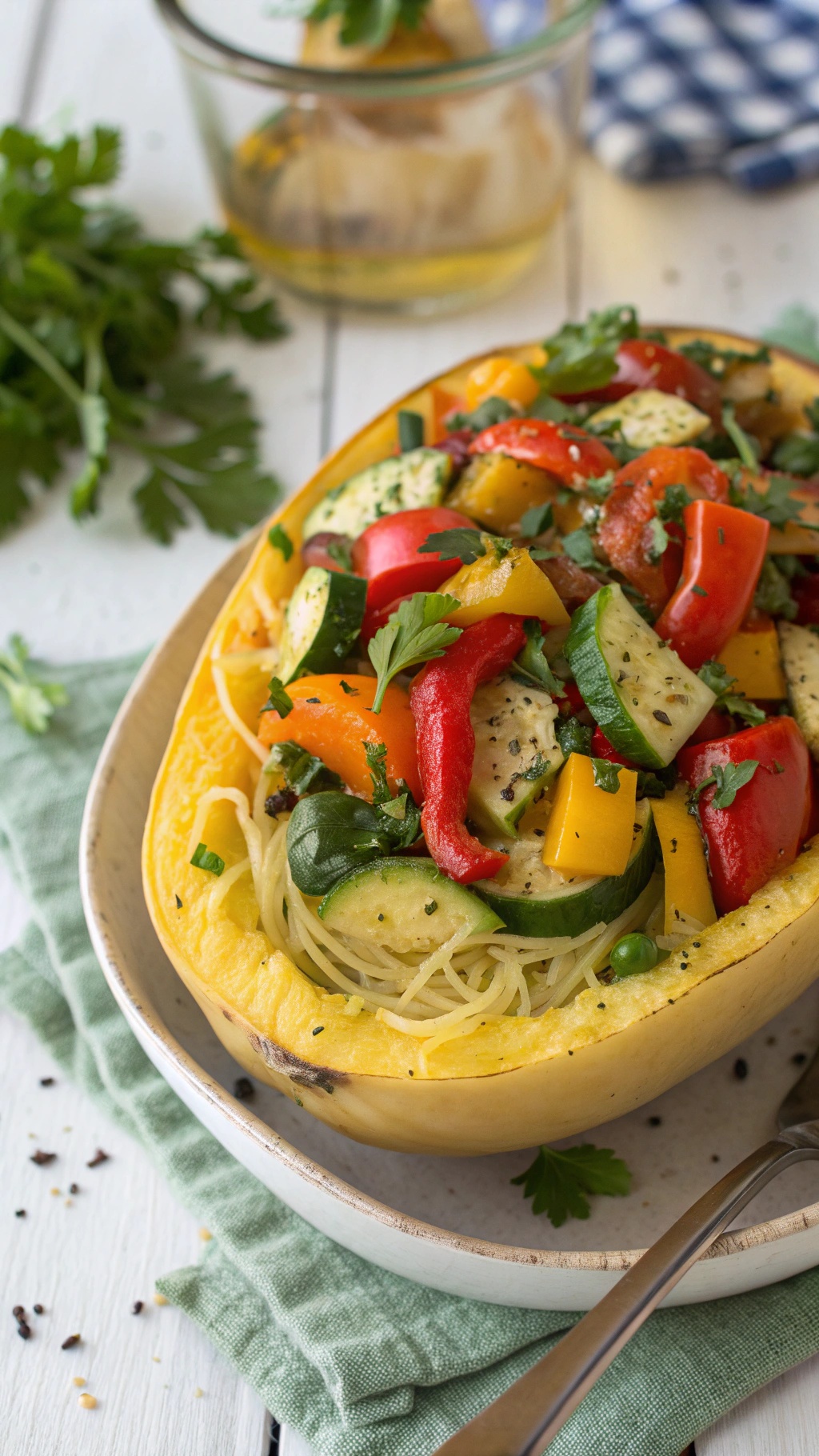 A bowl of spaghetti squash filled with colorful sautéed vegetables, garnished with fresh herbs.