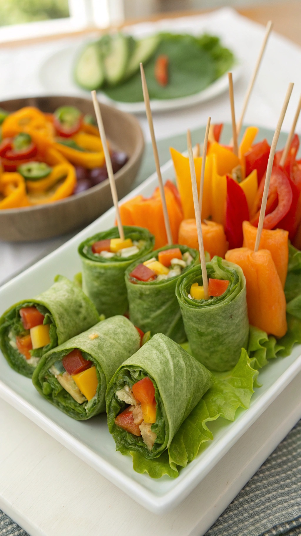 A plate of colorful vegetable roll-ups made with fresh veggies and tortillas
