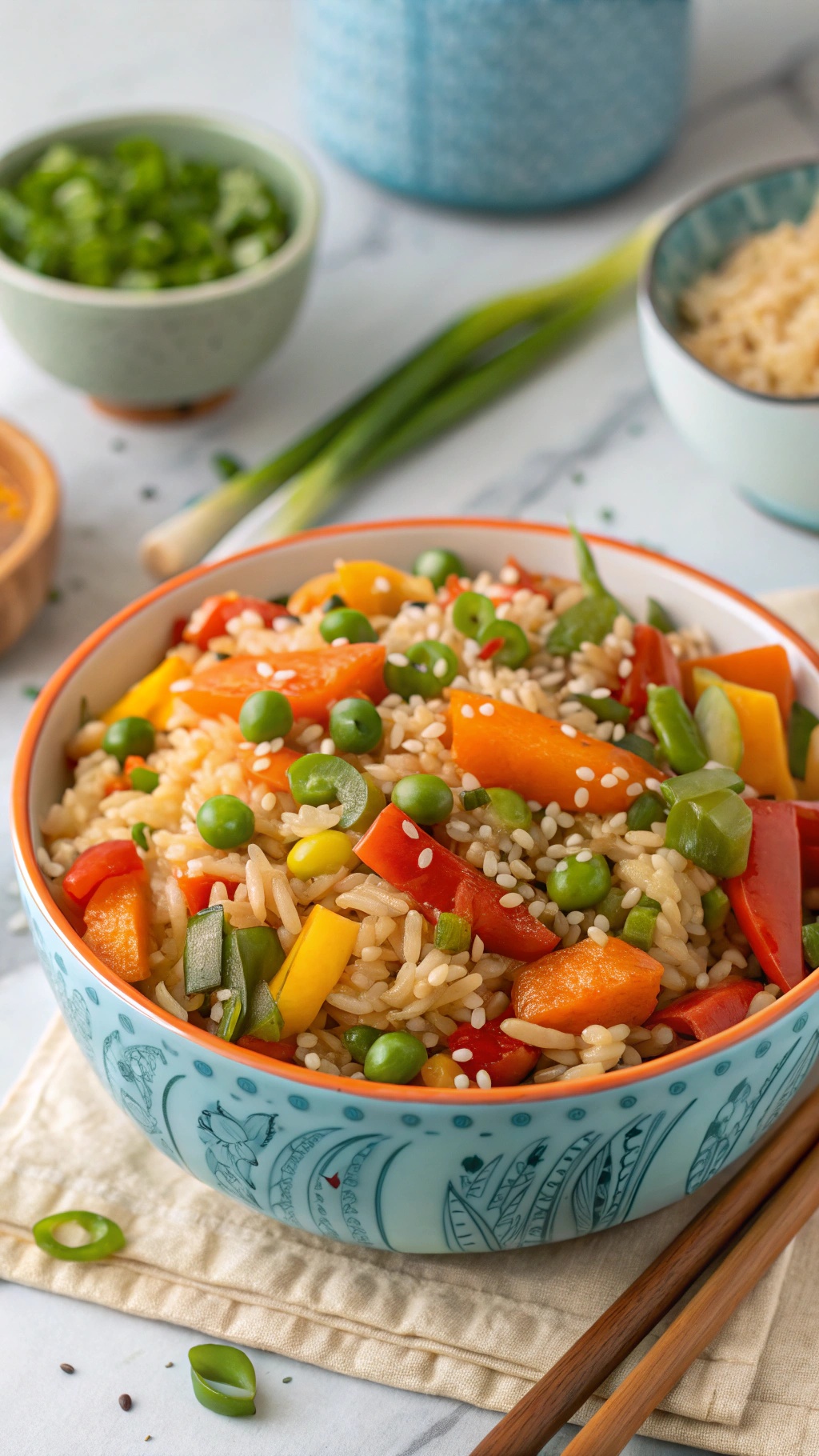 A colorful bowl of vegetable stir-fried rice with bell peppers, peas, and sesame seeds.