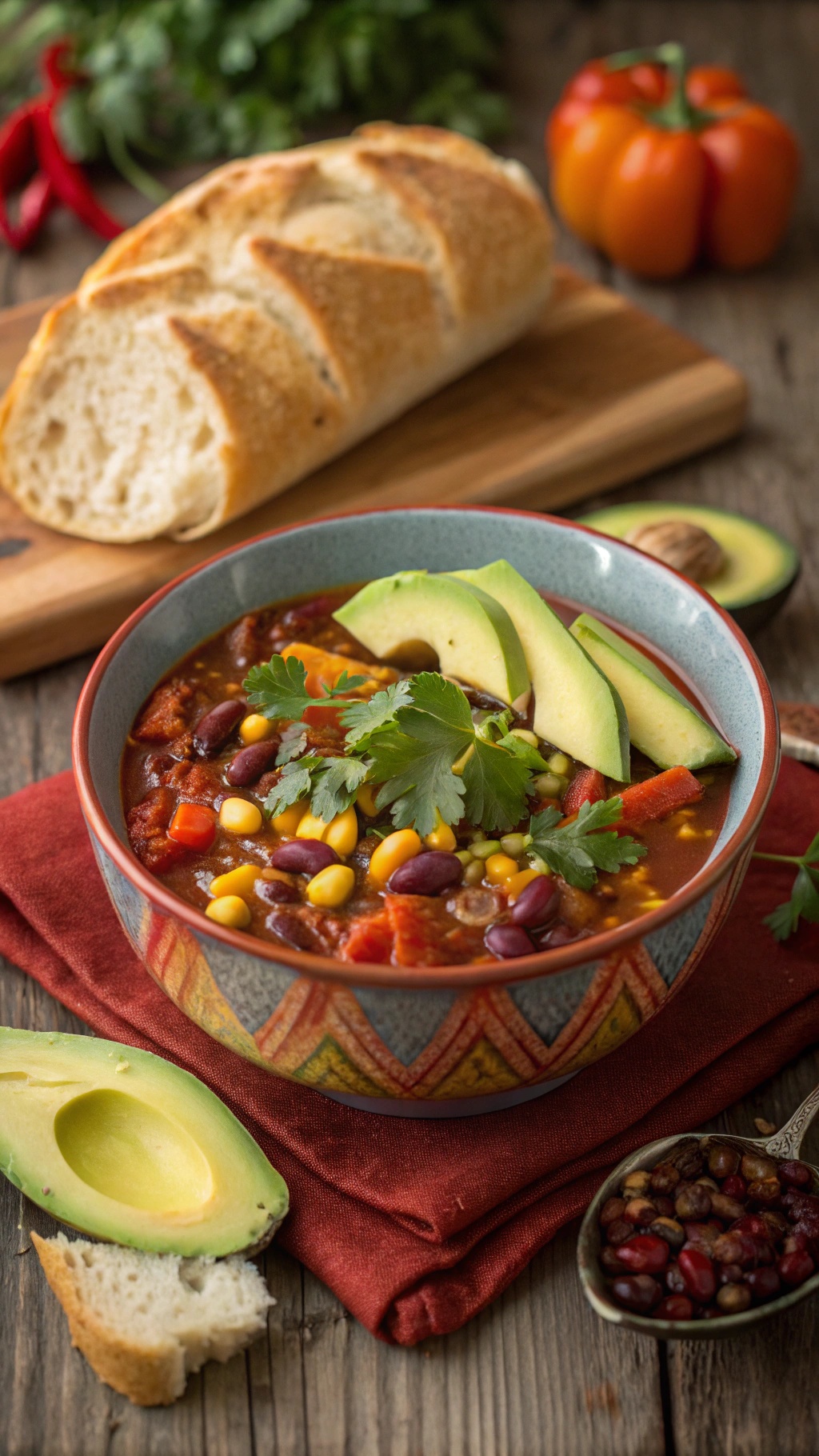 A bowl of vegetarian chili topped with avocado and cilantro, served with crusty bread.