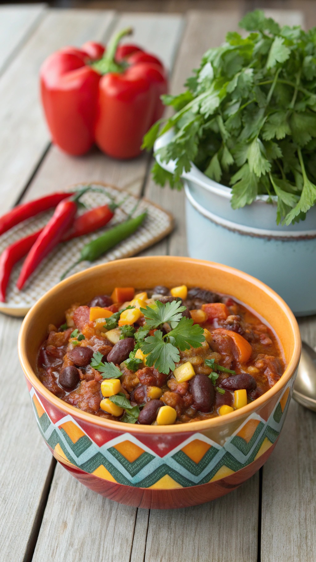 A bowl of colorful vegetarian chili topped with cilantro, surrounded by fresh vegetables.