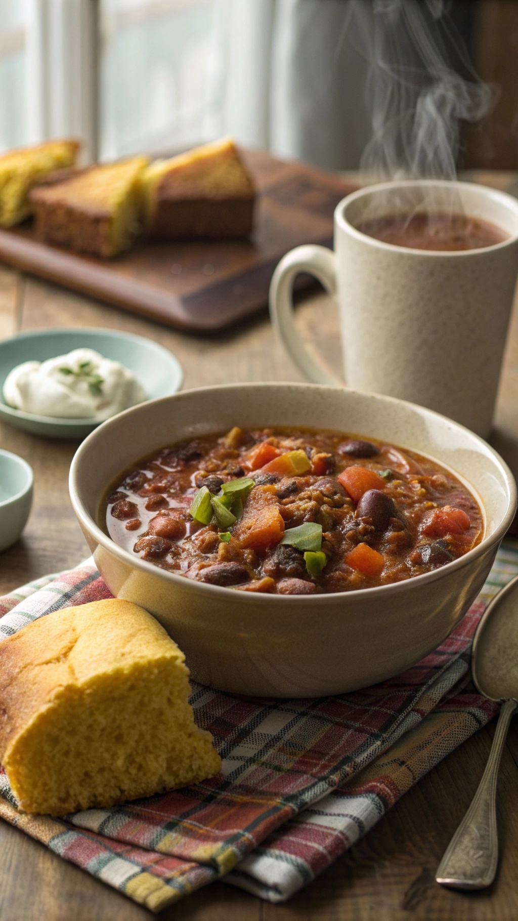 A bowl of vegetarian chili with cornbread on the side, garnished with green onions.