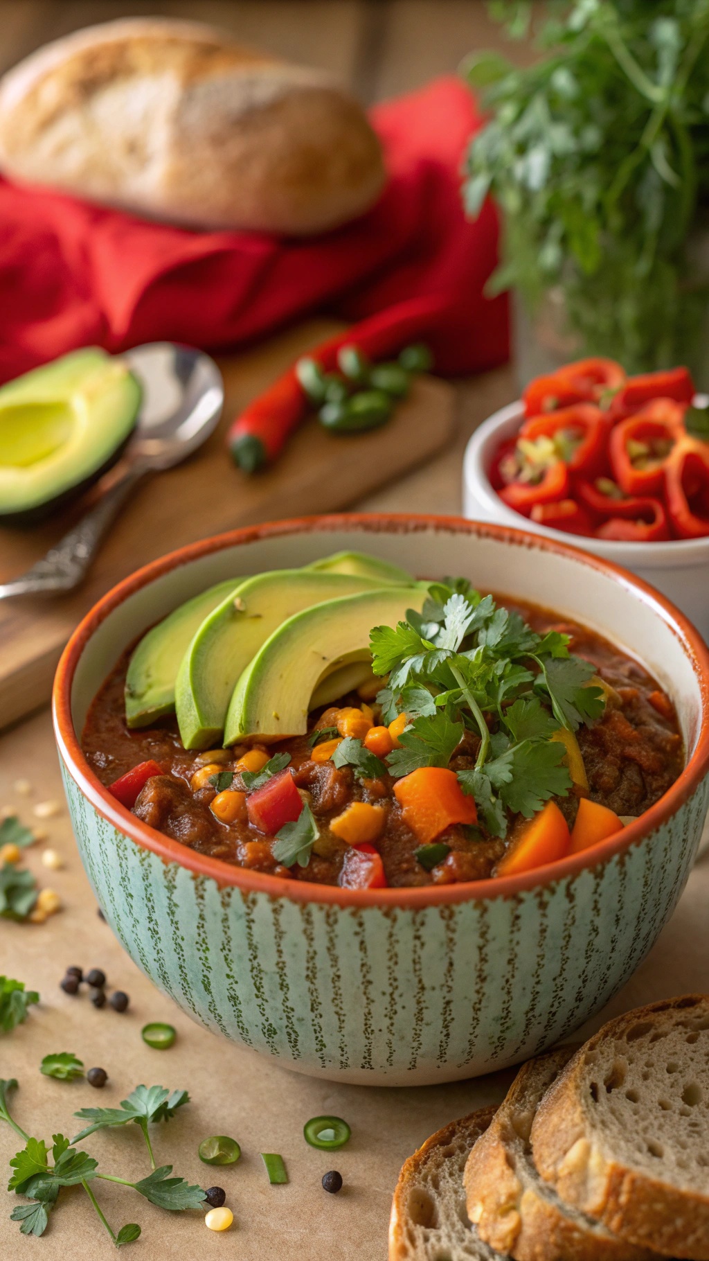 A bowl of hearty lentil chili topped with avocado slices and cilantro, with crusty bread on the side.