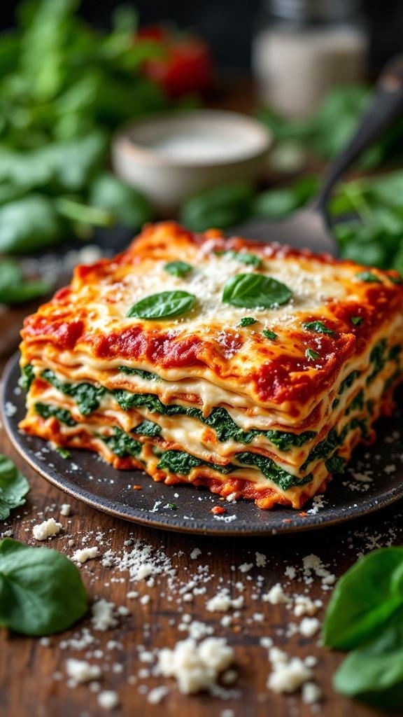 A delicious vegetarian spinach and ricotta lasagna on a rustic wooden table, garnished with fresh basil.