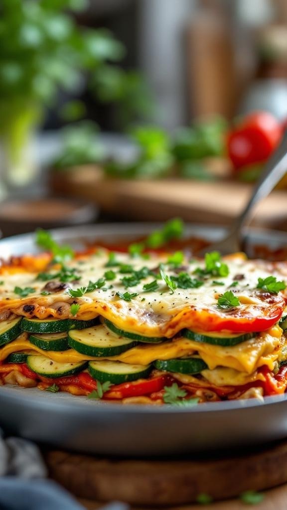 A delicious vegetarian one-pan lasagna loaded with zucchini, bell peppers, and cheese.