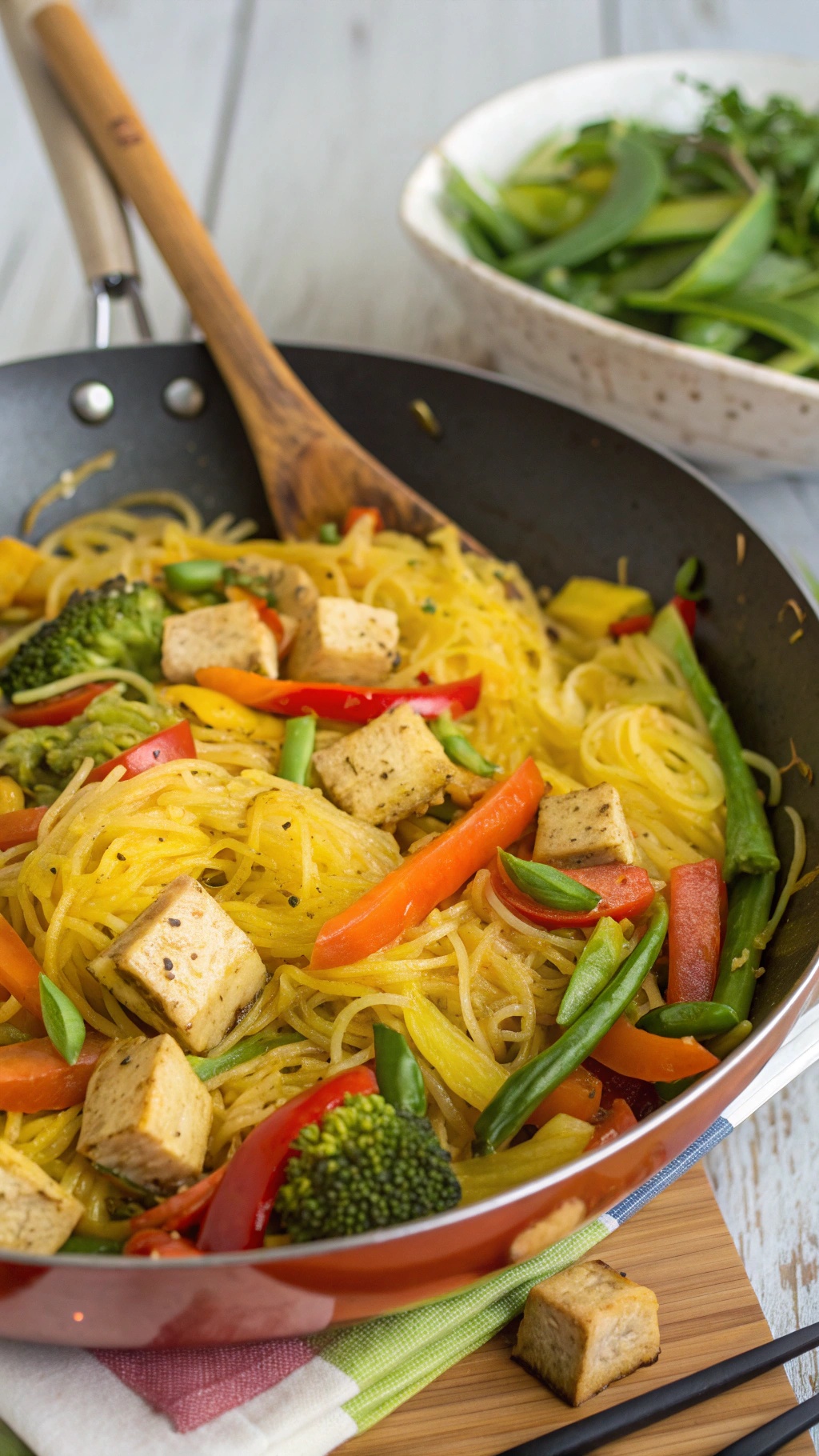 A colorful vegetarian spaghetti squash stir-fry with tofu and assorted vegetables in a skillet.