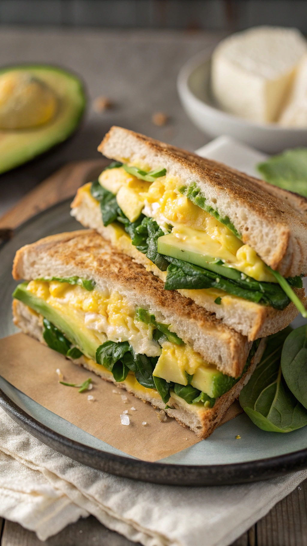 A veggie-loaded breakfast sandwich with eggs, spinach, and avocado on whole grain bread.