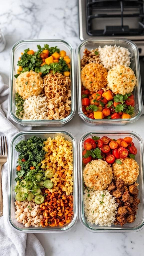 Colorful meal prep containers filled with grains, vegetables, and proteins.