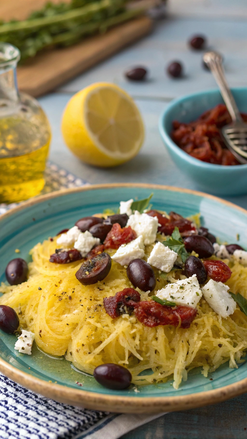 A vibrant plate of Mediterranean spaghetti squash topped with olives, sun-dried tomatoes, and feta cheese.