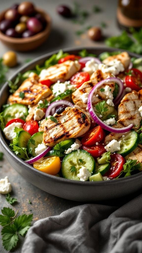 A vibrant Greek chicken salad with grilled chicken, fresh vegetables, and feta cheese.