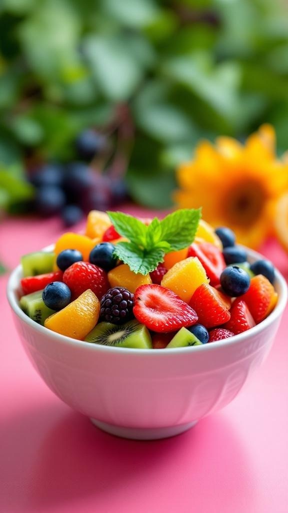 A colorful bowl of fruit salad featuring strawberries, blueberries, kiwi, peaches, and blackberries, garnished with mint.