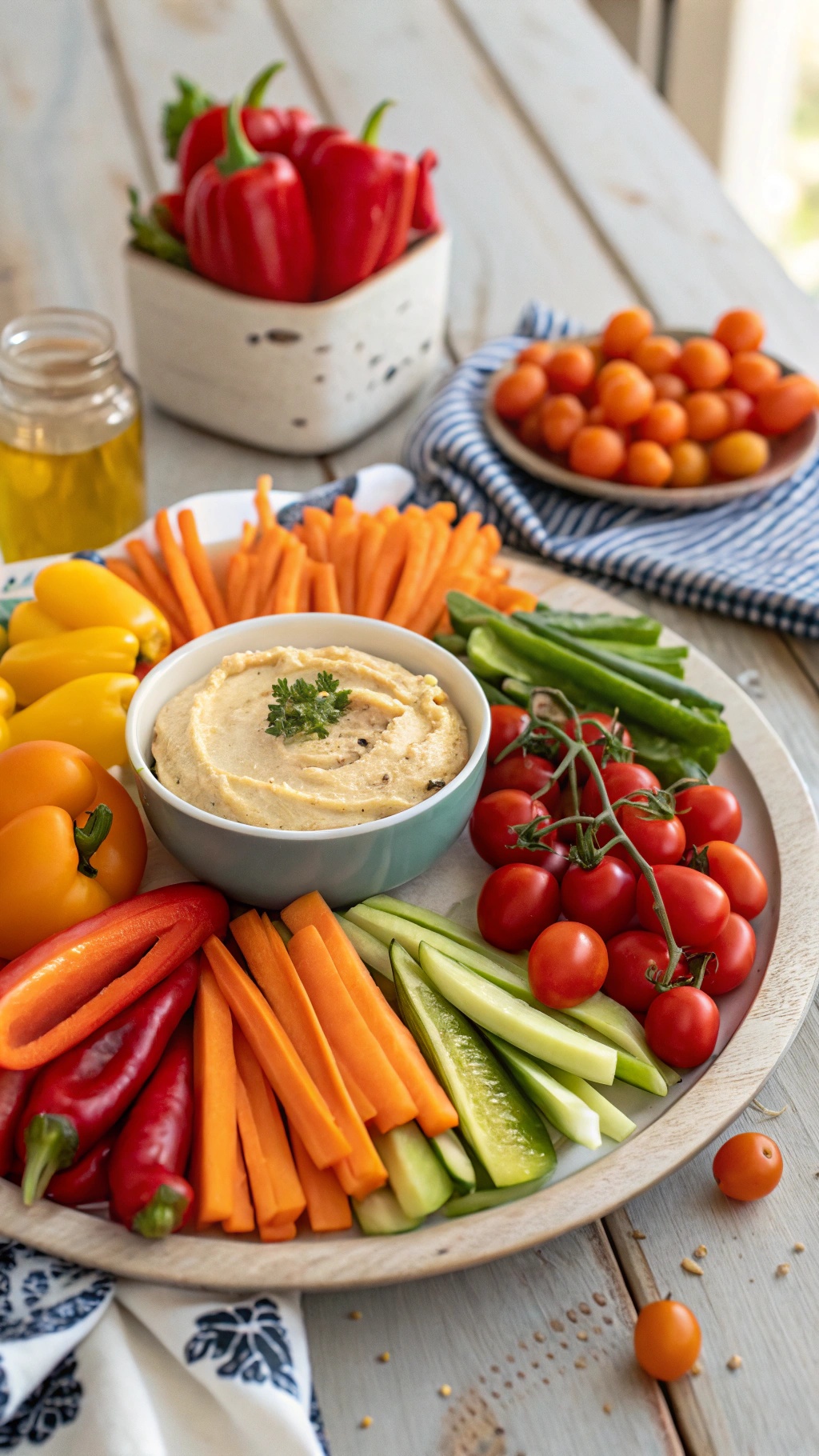 A vibrant vegetable platter with hummus surrounded by colorful sliced vegetables.