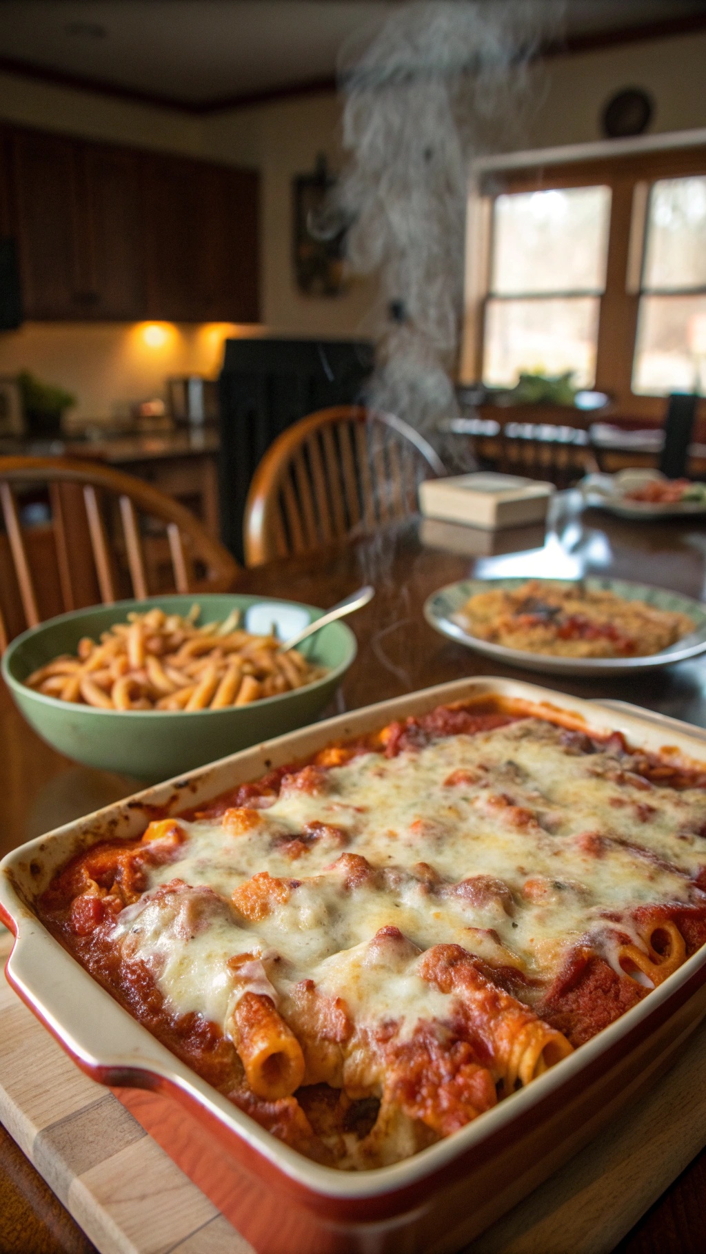 A steaming dish of baked ziti with melted cheese on top, served alongside a bowl of spaghetti.