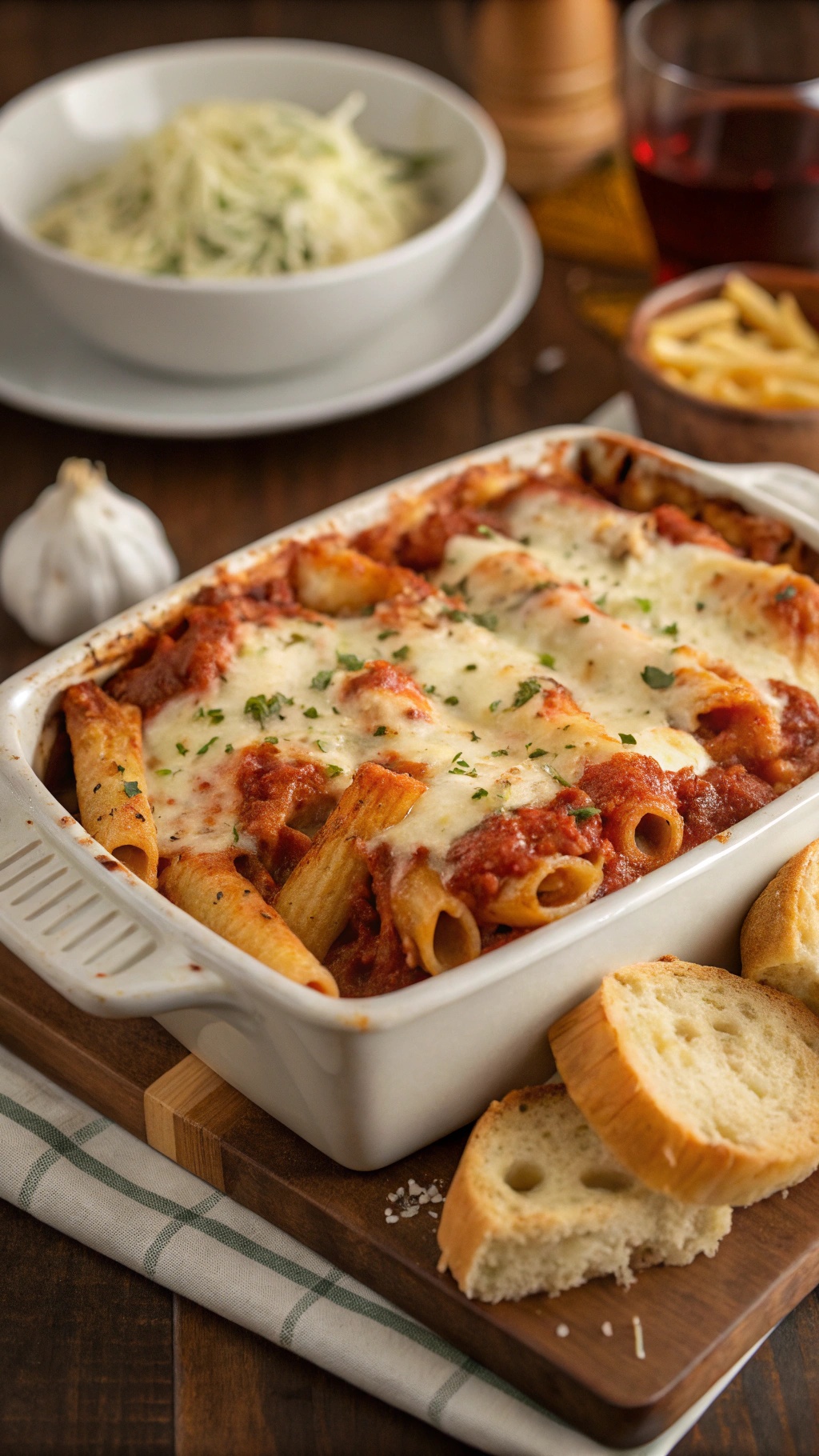 A delicious baked ziti dish topped with melted cheese, served with garlic bread and a side salad.