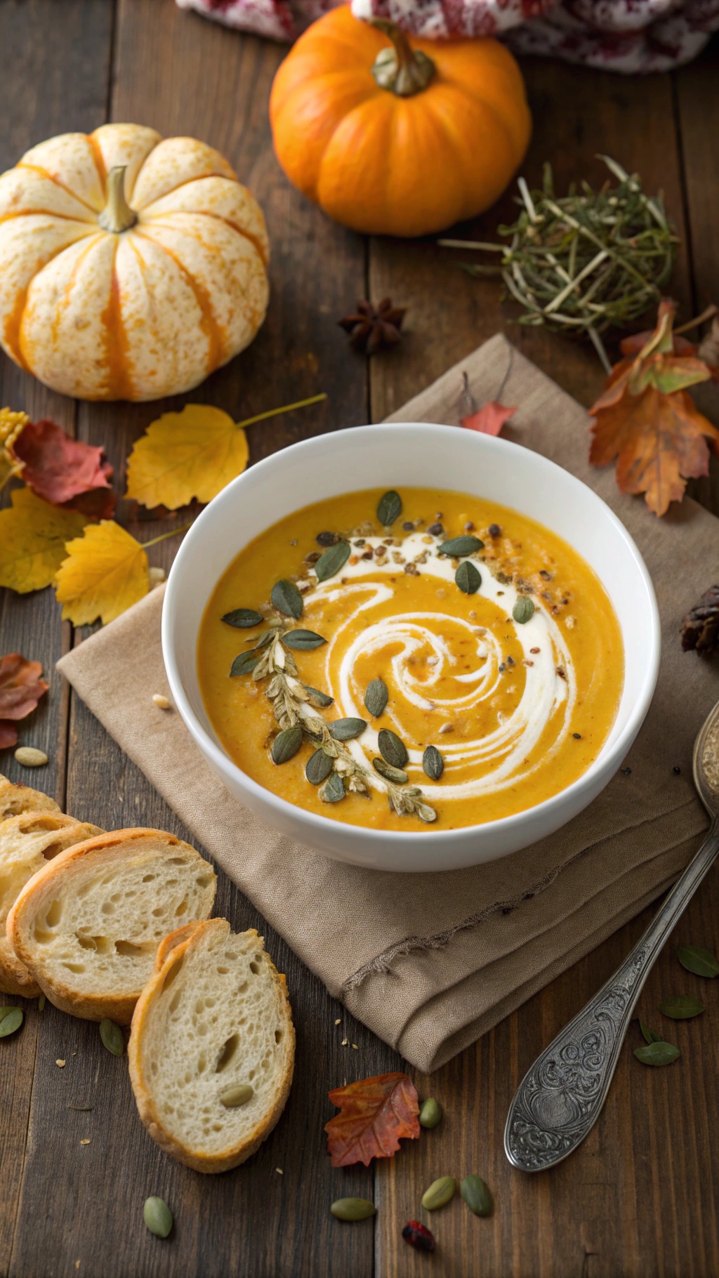 A bowl of butternut squash soup garnished with cream and pumpkin seeds, surrounded by autumn decorations.