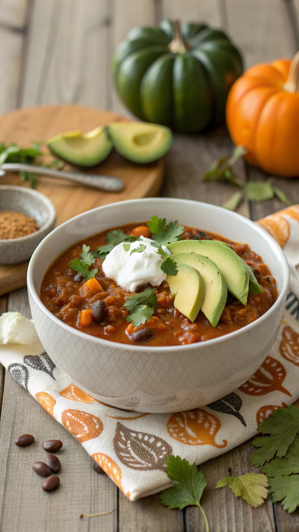 A bowl of warm pumpkin chili topped with avocado slices and cilantro, surrounded by pumpkins and spices.