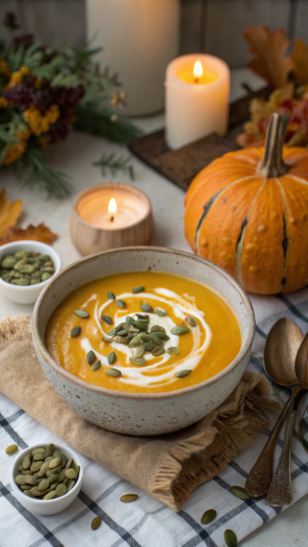 A bowl of warm pumpkin soup garnished with cream and pumpkin seeds, surrounded by autumn decor.