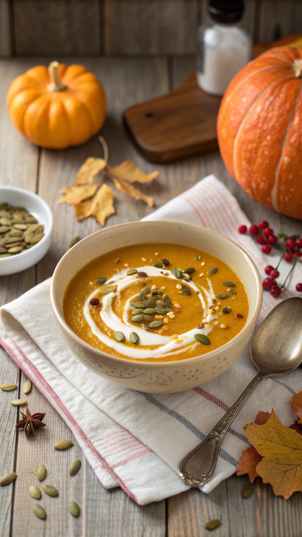 A bowl of spicy vegan pumpkin soup topped with coconut cream and pumpkin seeds, surrounded by autumn leaves and a small pumpkin.