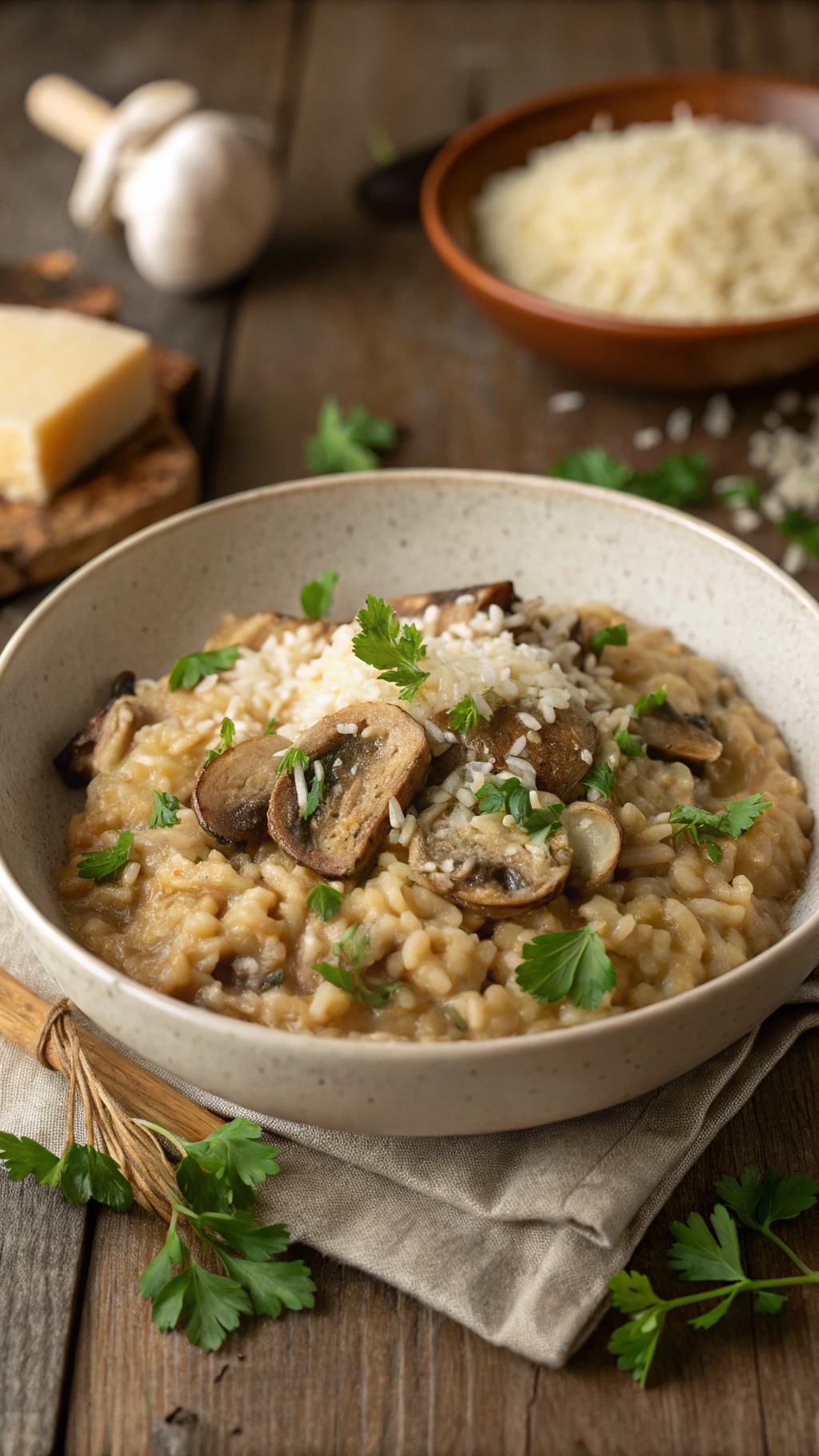 A bowl of creamy mushroom risotto topped with sautéed mushrooms and fresh herbs, served on a rustic wooden table.