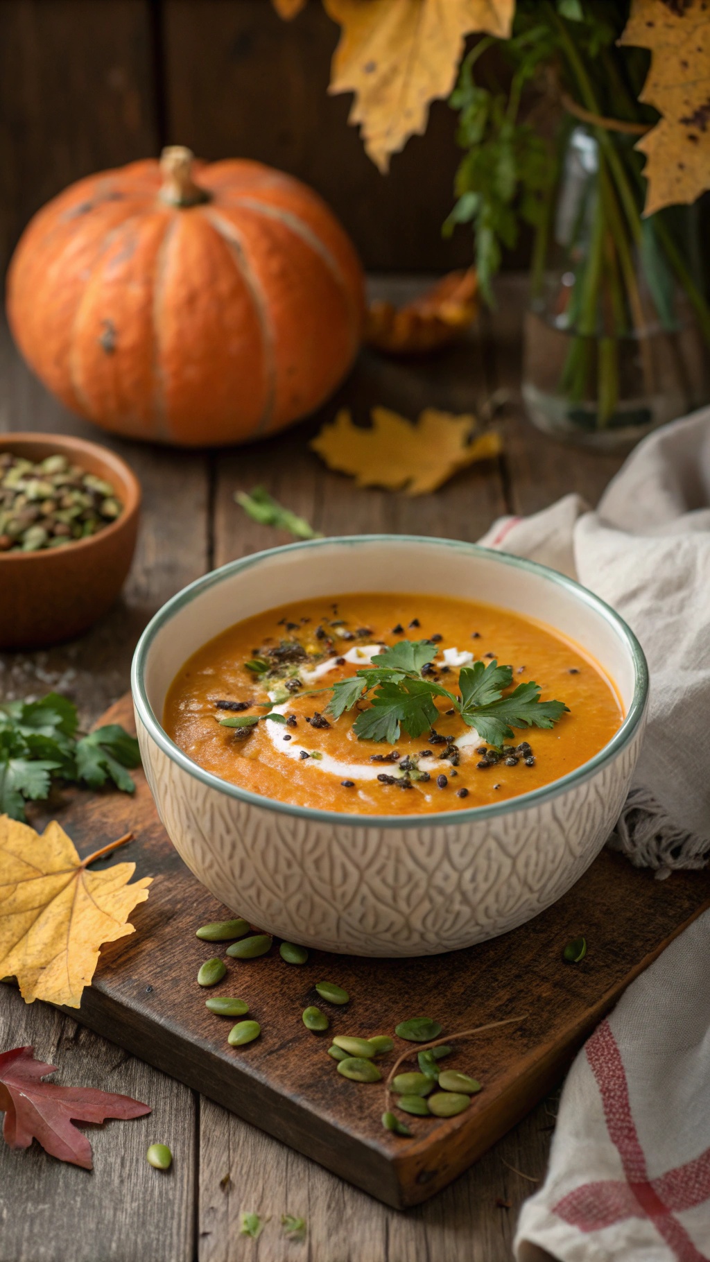 A bowl of hearty pumpkin and lentil soup garnished with cilantro and pumpkin seeds, with a pumpkin and autumn leaves in the background.