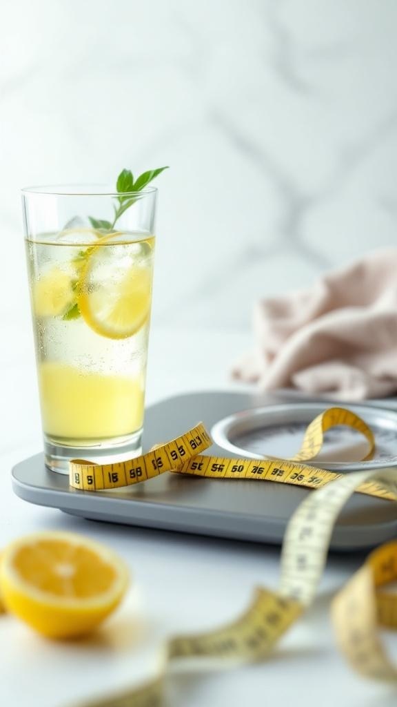 A glass of lemon water with a slice of lemon and mint, next to a measuring tape and a lemon on a table.