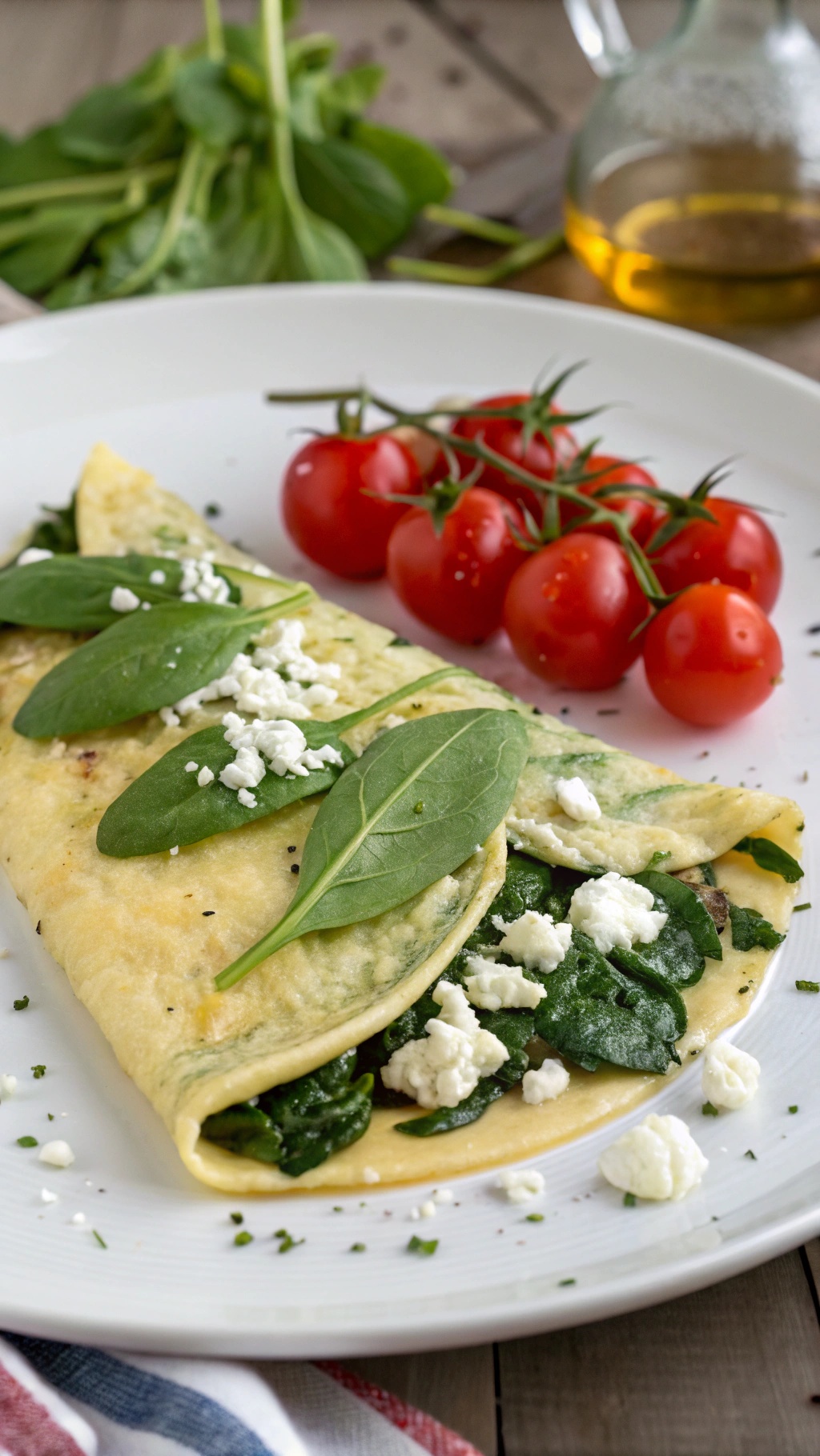 A delicious spinach and feta omelette served with cherry tomatoes.