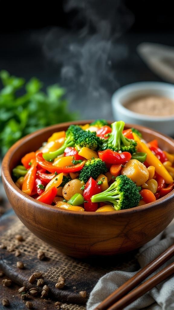 A colorful vegetable stir-fry in a wooden bowl, featuring broccoli, bell peppers, and carrots.