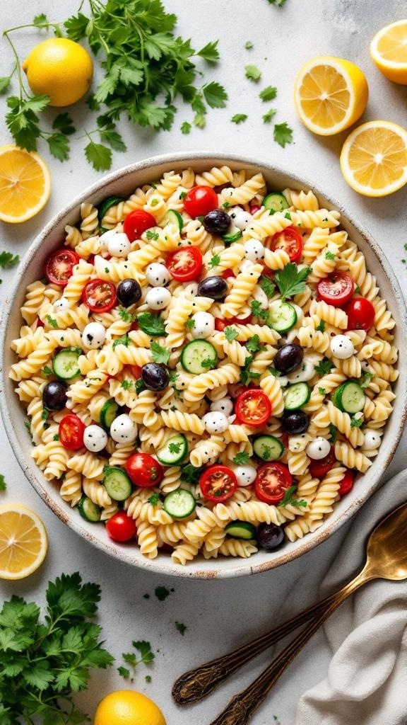 A colorful bowl of creamy vegan pasta salad with rotini pasta, cherry tomatoes, cucumbers, olives, and fresh herbs, surrounded by lemons and parsley.