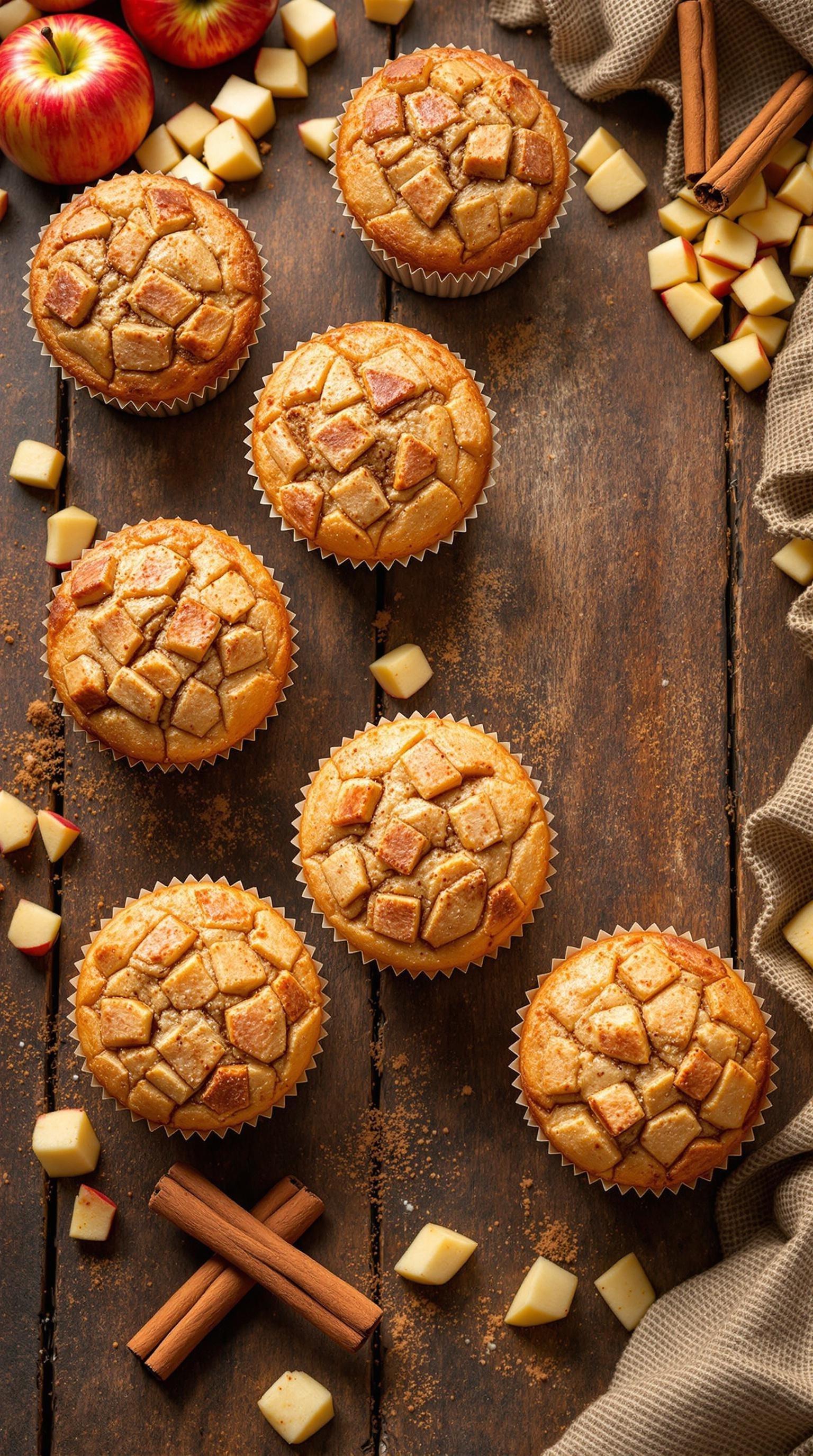 Freshly baked apple cinnamon muffins on a wooden table with apples and cinnamon sticks.