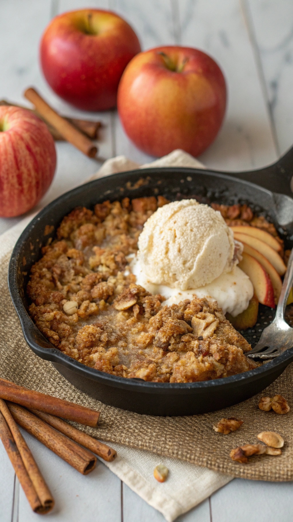 A delicious apple crisp with oat topping served in a cast iron skillet, topped with vanilla ice cream and surrounded by fresh apples and cinnamon sticks.