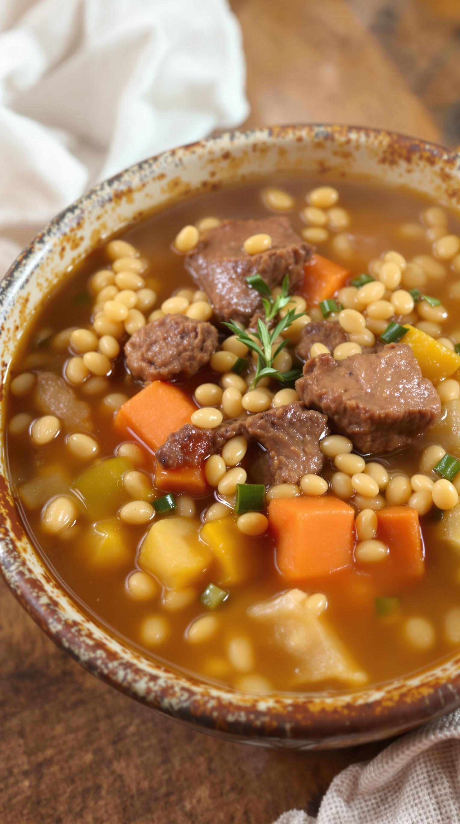 A bowl of wholesome beef and barley soup filled with vegetables and herbs.