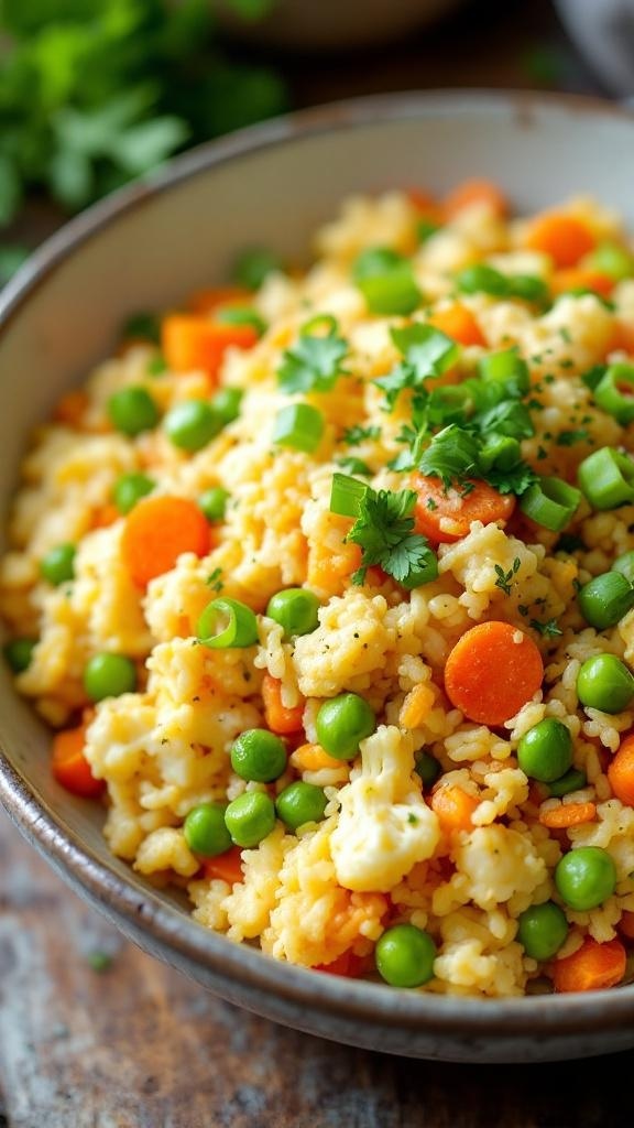 A colorful bowl of cauliflower rice stir-fry with peas, carrots, and green onions.