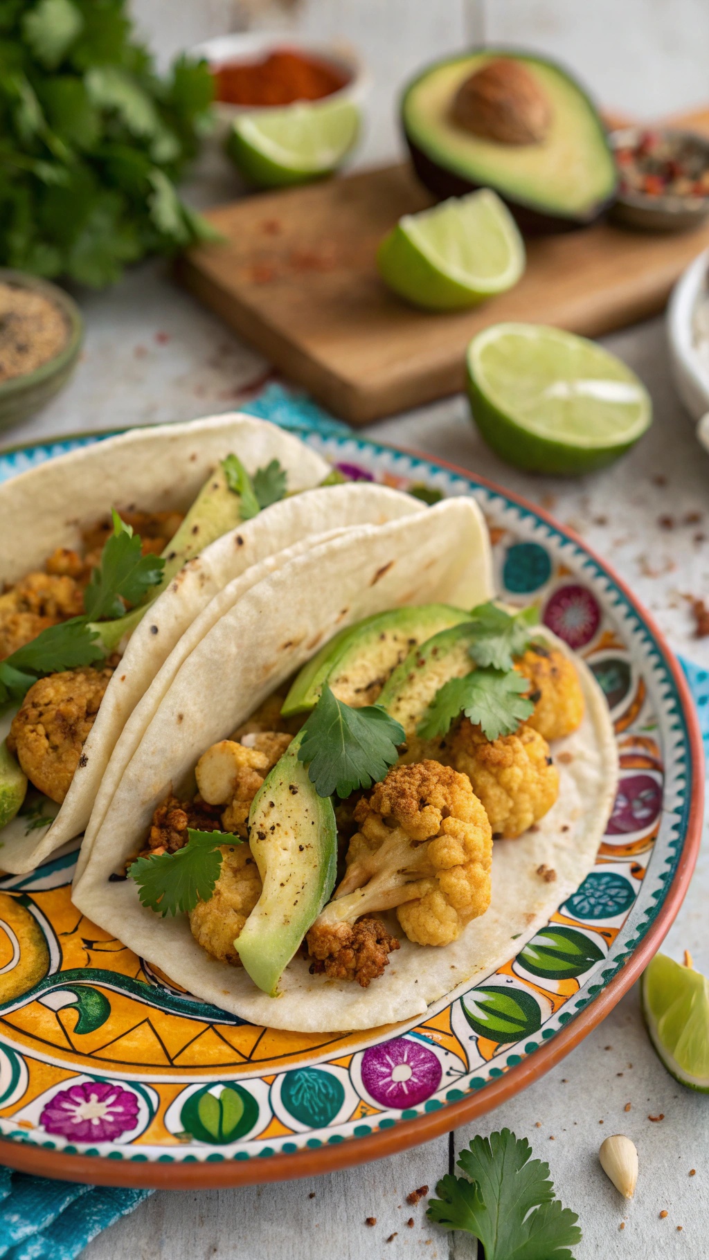 Delicious cauliflower tacos with avocado and cilantro on a colorful plate