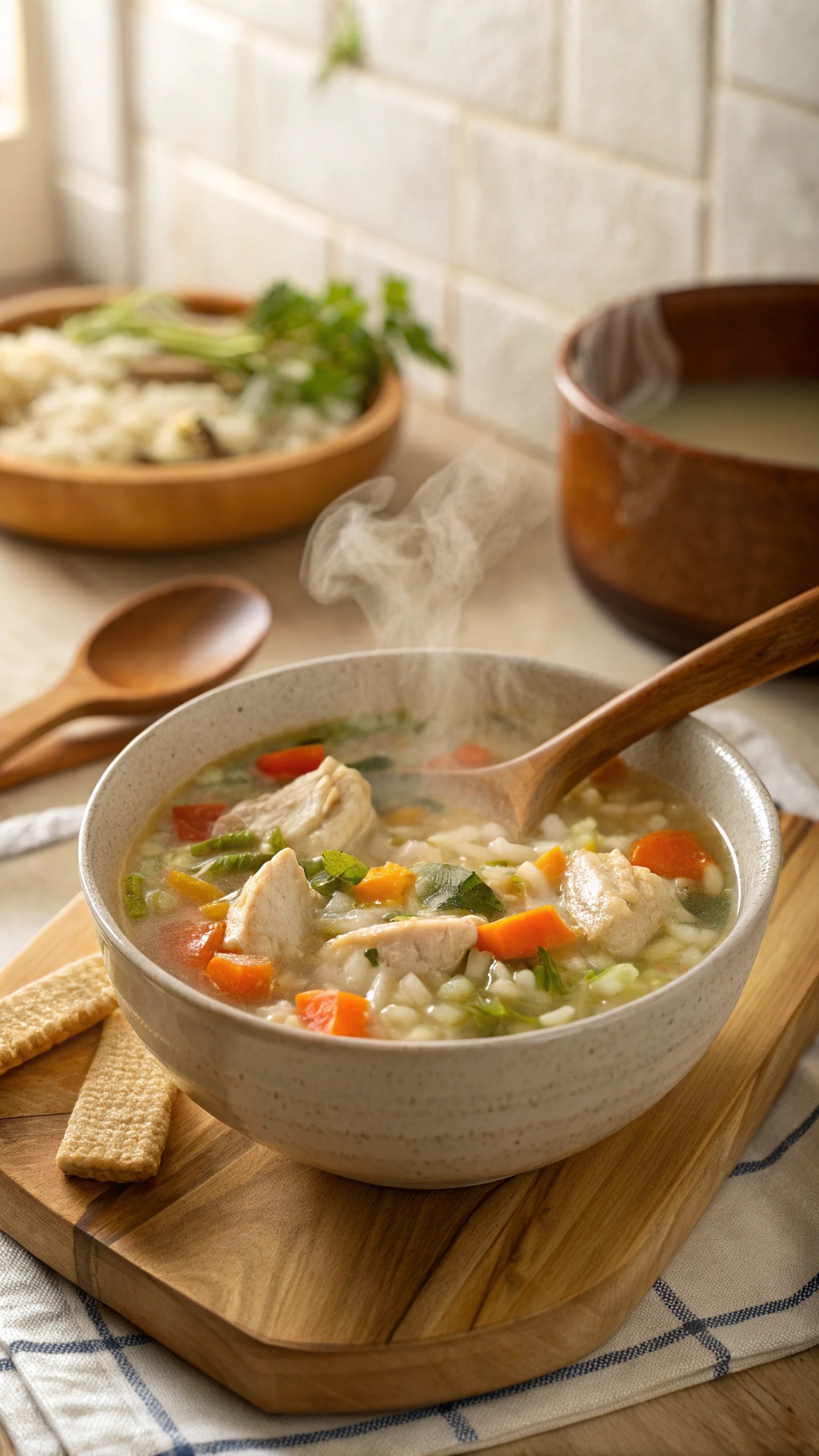 A bowl of steaming chicken and rice soup with colorful vegetables and crackers on the side.