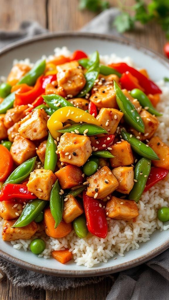 A colorful chicken stir-fry with bell peppers, snap peas, and rice.