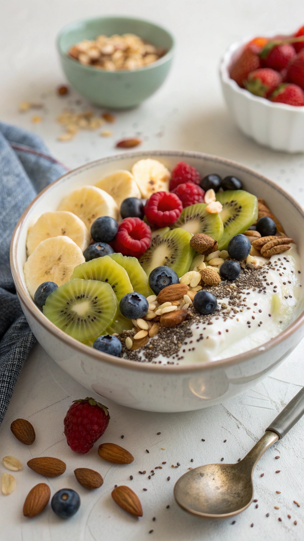 A bowl of cottage cheese topped with banana, kiwi, blueberries, raspberries, chia seeds, and almonds.